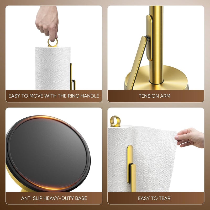 theaoo Heavy-Duty Stainless Steel Paper Towel Holder with Tension Arm – Easy One-Handed Tear, Modern Standing Countertop Dispenser for Kitchen, Holds All Paper Towel Rolls (1, Gold) - Image 5